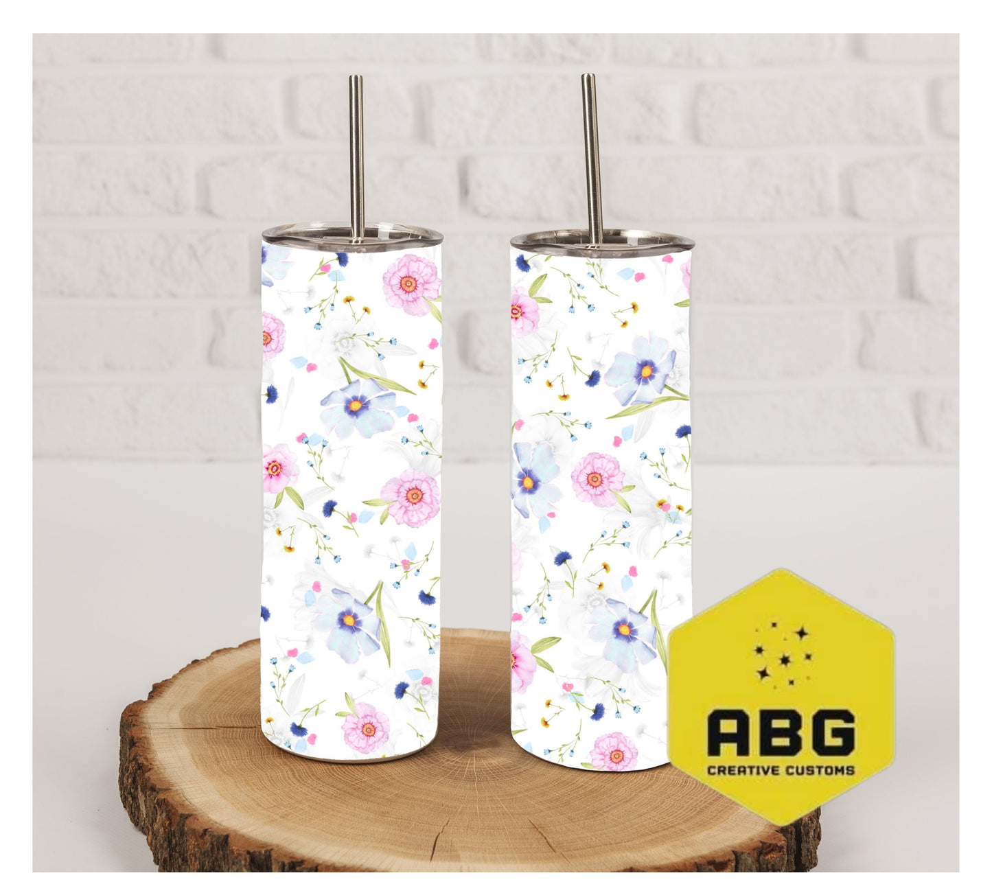 Pink Blue Flowers - 20oz Tumbler Wrap - Digital file only - sublimation