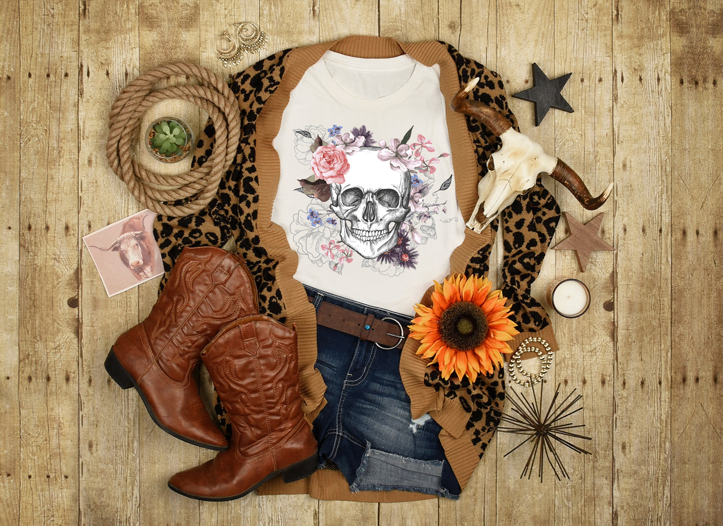 Skull with Flowers t-shirt Womens